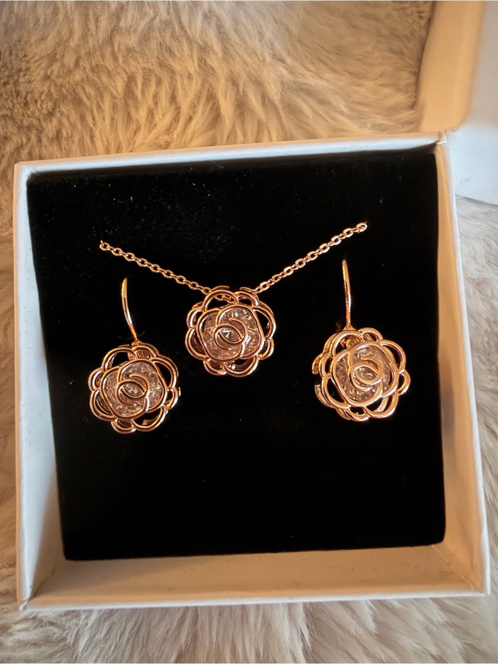 Crystal Line Rose Gold Floral Necklace & Earring Set by Crystal Line